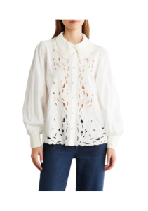 Embroidered Eyelet Puff Sleeve Button-up Shirt
