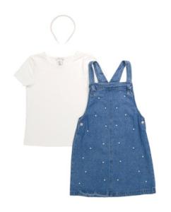 Girls 2pc Short Sleeve Tee and Denim Jumper Set with Headband