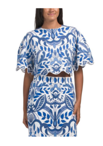 Linen Blend Printed Short Sleeve Scalloped Hem Top