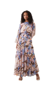 Long Sleeve Blouson Maxi Dress with Gauged Ruched Waist Detail in Romantic Floral Print