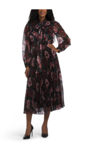 Long Sleeve Floral Print Pleated Dress