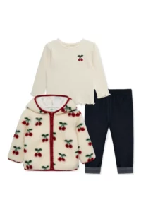 Cherry 3-Piece Rib Top, Knit Pants and Fleece Jacket Set 12-24m
