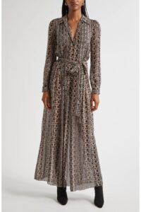 Klaudia Print Tie Waist Long Sleeve Silk Maxi Shirtdress