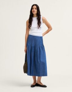Denim Pintuck Midi Skirt