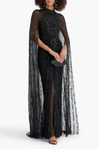 Charisma Cape-effect Embellished Tulle Gown