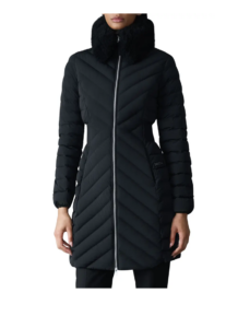 Water Repellent Chevron Quilted Down Coat with Removable Genuine Shearling Collar