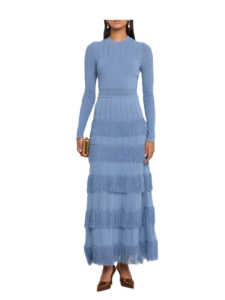 Tiered Fringe Long-sleeve Maxi Dress
