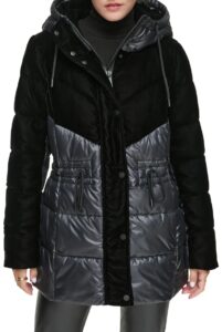 Velvet Panel Hooded Puffer Jacket