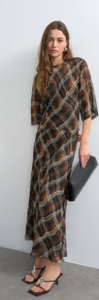 Curved Waistband Chiffon T-shirt Maxi Dress in Brown Warped Check Print