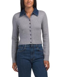 Long Sleeve Cardigan with Denim Collar