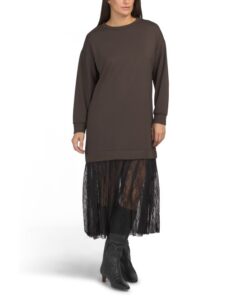 Mixed Media Long Sleeve Lace Hem Maxi Dress