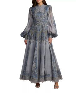 Petite Baroque Print Bishop Sleeve A-line Ankle Dress