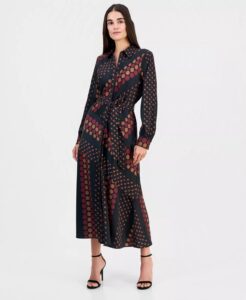 Women's Printed Tie-waist Diagonal-tiered Shirt Dress