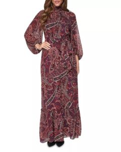 Mock Neck Tie Waist Tiered Maxi Dress