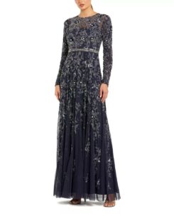 Long Sleeve Floral Embellished Mesh a Line Gown