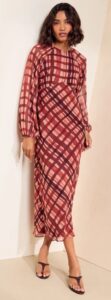 Burgundy Long Sleeve Check Chiffon Midi Dress
