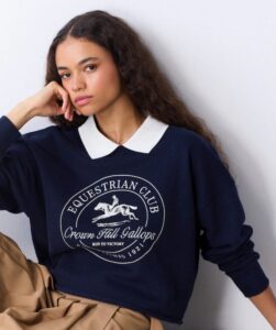 Navy/white Contrast Collar Graphic Sweatshirt