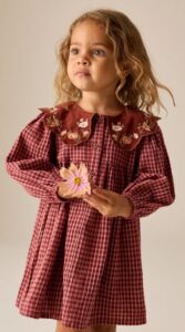 Chocolate Brown Cord Collar Check Long Sleeve Dress (3mths-8yrs)