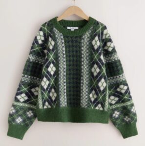 Green Argyle Long Sleeve Crew Neck Knitted Jumper with Wool