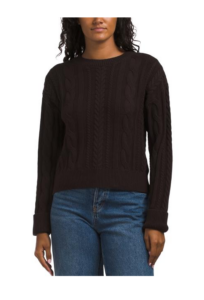 Cotton Crew Neck Cuffed Long Sleeve Cable Pull over Sweater