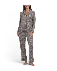 2pc Animal Print Notch Collar Long Sleeve Pajama Set