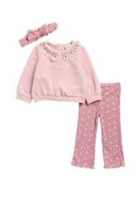 Lace Collar Fleece Top, Pants & Headband Set