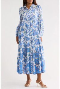 Kiara Floral Long Sleeve Tiered Shirtdress