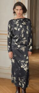 Black/ecru Floral Satin Midi Long Sleeve Dress