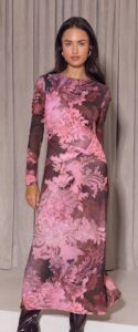 Lipsy Pink Floral Print Mesh Long Sleeve Midi Dress