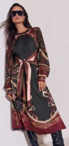 Print Tie Waist Foulard Long Sleeve Midi Dress