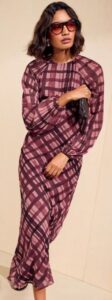 Long Sleeve Check Chiffon Midi Dress