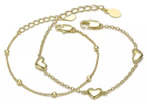 Dainty 14k Gold Plated Bead and Heart Station 2-piece Set Bracelet