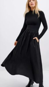Women's Fillmore Mock-neck Long-sleeve Midi Dress with Cotton Skirt and Pockets