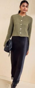 Friends Like These Olive Green Cosy Button Through Cardi Slip Midi Skirt