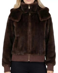 Faux Fur Mink Hooded Jacket with Knitted Cuffs & Bottom