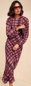 Red Check Long Sleeve Check Chiffon Midi Dress