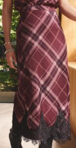 Burgundy Check Satin Lace Trim Midi Skirt