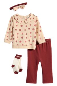 4-piece Apple Print Collared Top, Pants, Headband & Socks Set