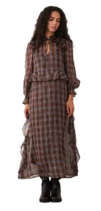 Long Sleeve Ruffle Midaxi Dress with Lace Detail in Brown Tartan