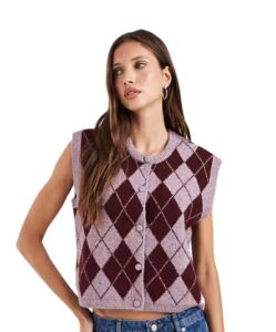Cropped Knit Vest in Pink and Burgundy Argyle Plaid Print