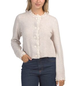 Wool Blend Cardigan with Lace Trim