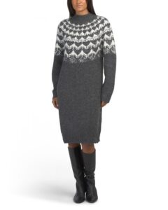 Wool Blend Fair Isle Chunky Sweater Knit Midi Dress 43in Long