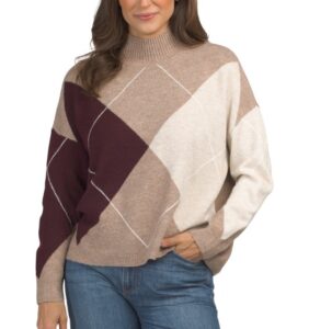Long Sleeve Mock Neck Argyle Sweater