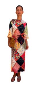 Mabel Plisse Three-quarter Length Sleeve Satin Midi Dress in Patchwork Print