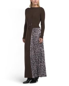 Long Sleeve Mixed Media Animal Print Pleated Maxi Sweater Dress