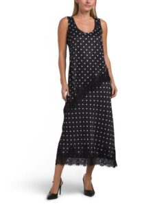2pc Polka Dot Satin Lace Trim Tank and Skirt Set