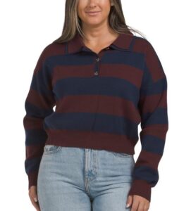 Double Johnny Collar Rugby Stripe Pull over Sweater