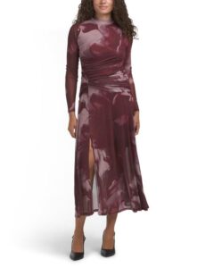 Long Sleeve Ruched Waist Floral Mesh Maxi Dress
