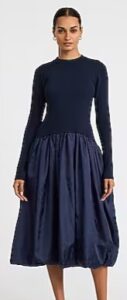 Mixed Media Drop Waist Bubble Hem Midi Dress with Pockets
