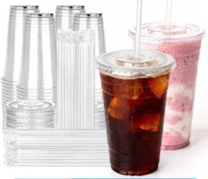 100 Pack - 16 Oz Clear Plastic Cups with Lids and Straws ,sturdy & Food Safe Disposable Cups